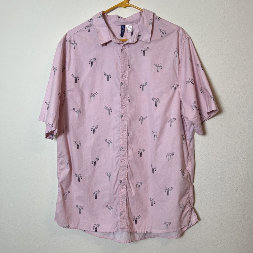 H&M Divided Mens Button up Dress Shirt‎ Soft Pink with Flamingos XL
